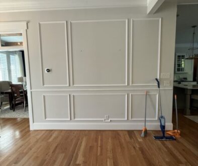 Shadowbox wall molding above and below the chair rail in a Hallsley foyer in Midlothian, Virginia